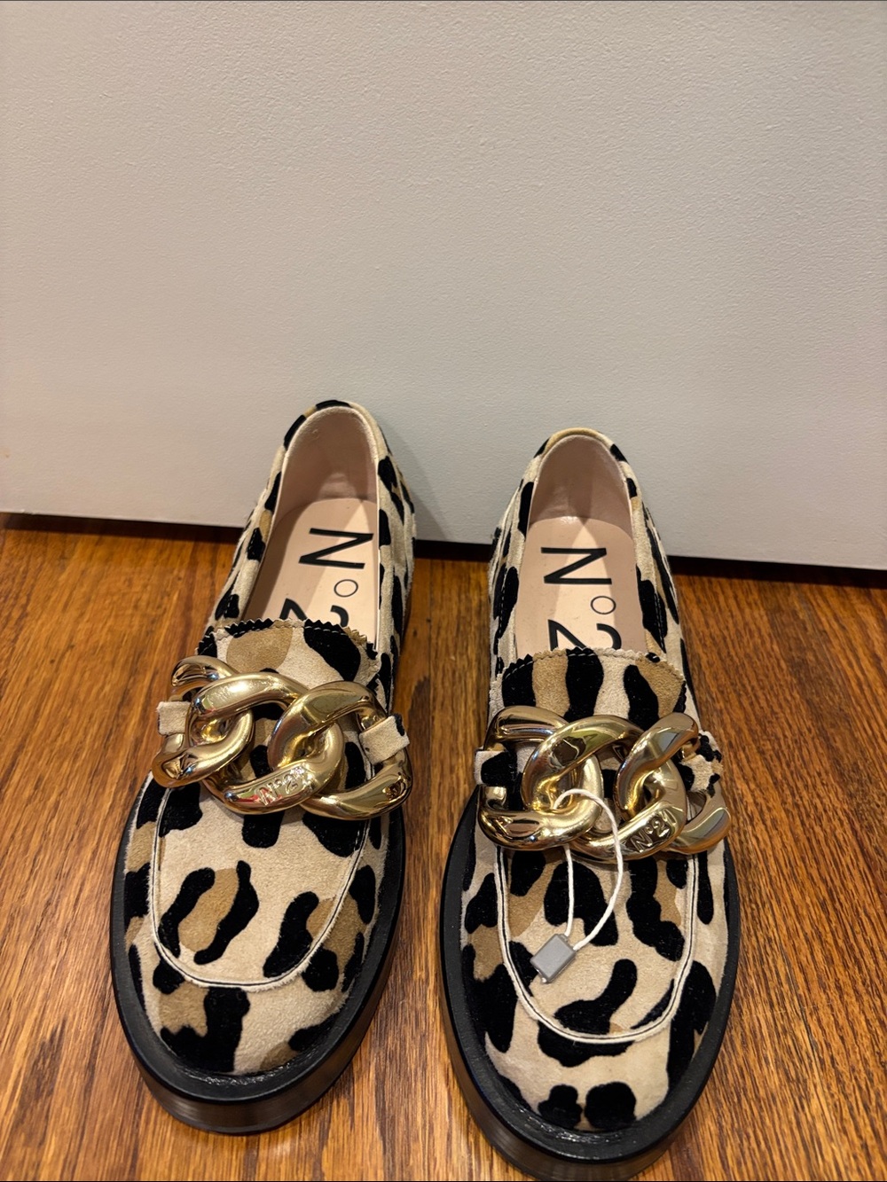 Leopard-Print Loafers with Gold Chain in Beige & Black